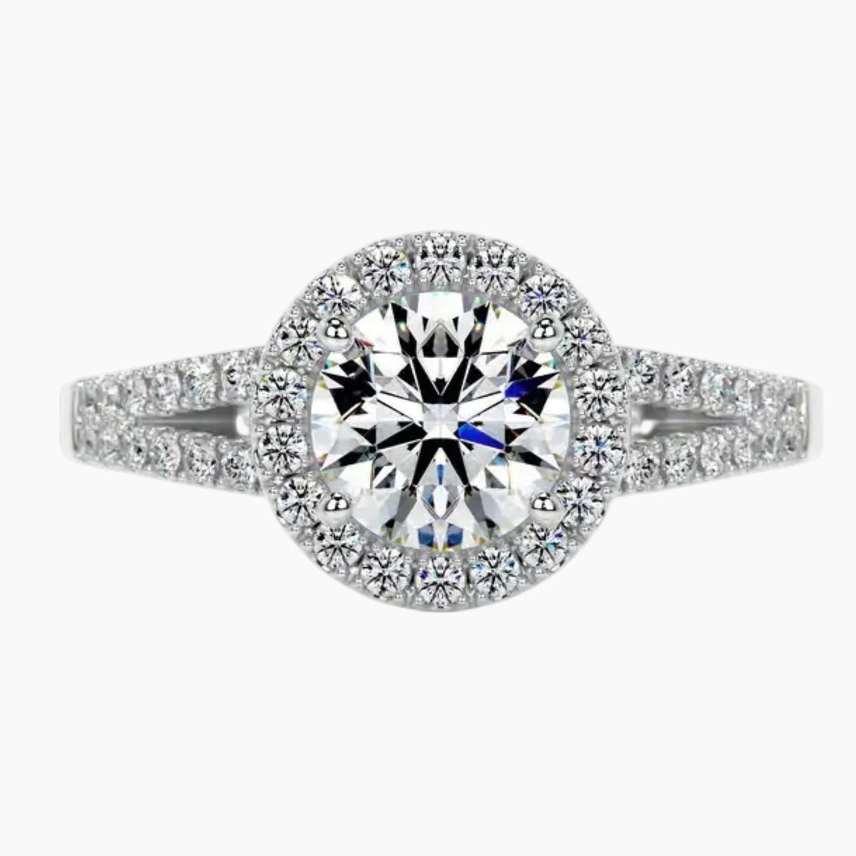 Eternal Radiance Round Moissanite Split Shank Halo Ring