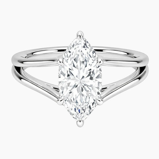 Marquise cut moissanite solitaire ring with split shank band in polished metal setting