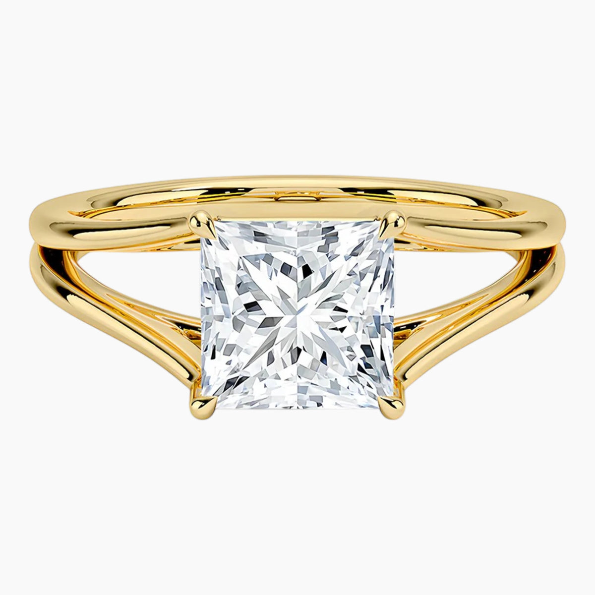 Princess cut moissanite engagement ring with split shank yellow gold band