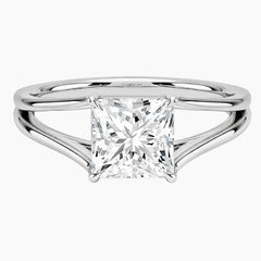 Princess cut moissanite solitaire ring with split shank in polished silver setting