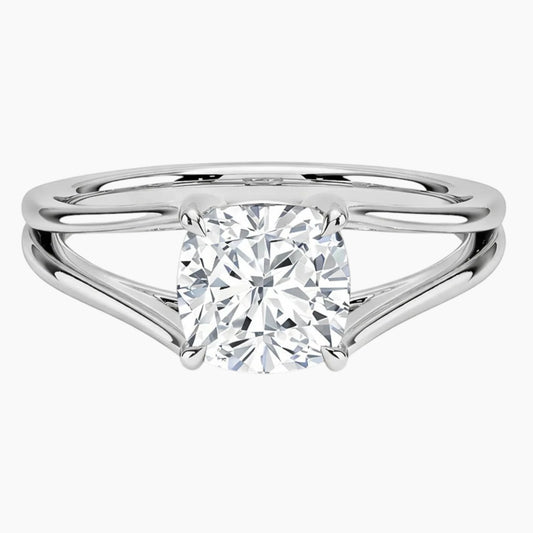 Cushion cut moissanite solitaire ring with split shank band in white metal