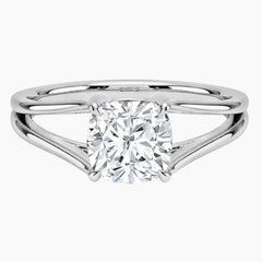 Cushion cut moissanite solitaire ring with split shank band in white metal