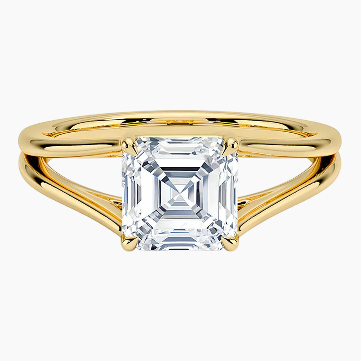 Asscher cut moissanite solitaire ring with split shank yellow gold band