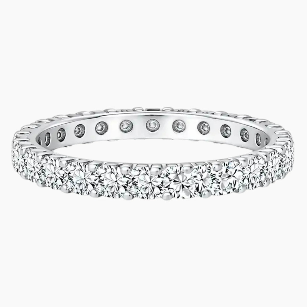 Sterling silver eternity band set with round moissanite stones, elegant fine jewelry