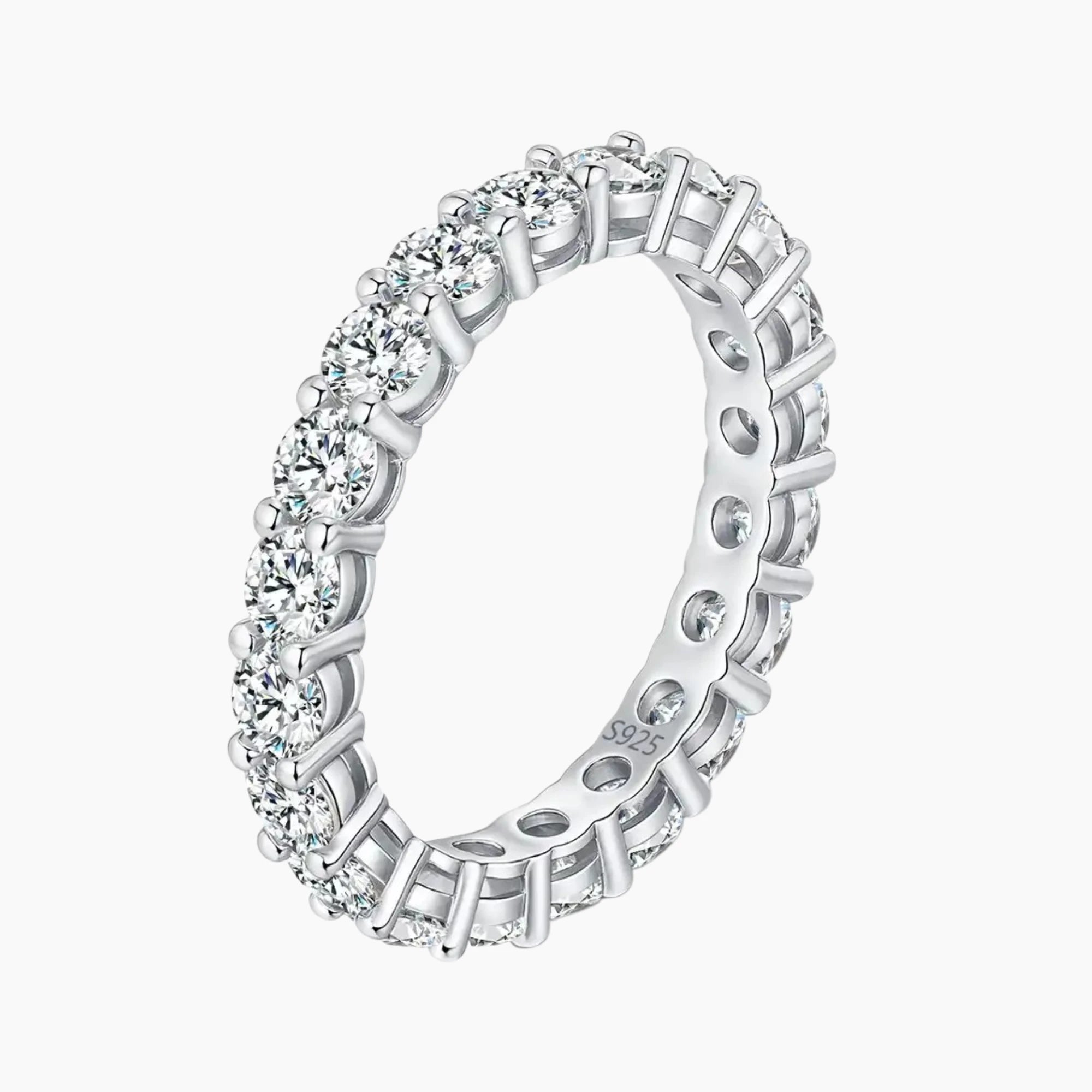 Sterling silver eternity band set with round moissanite stones, elegant fine jewelry