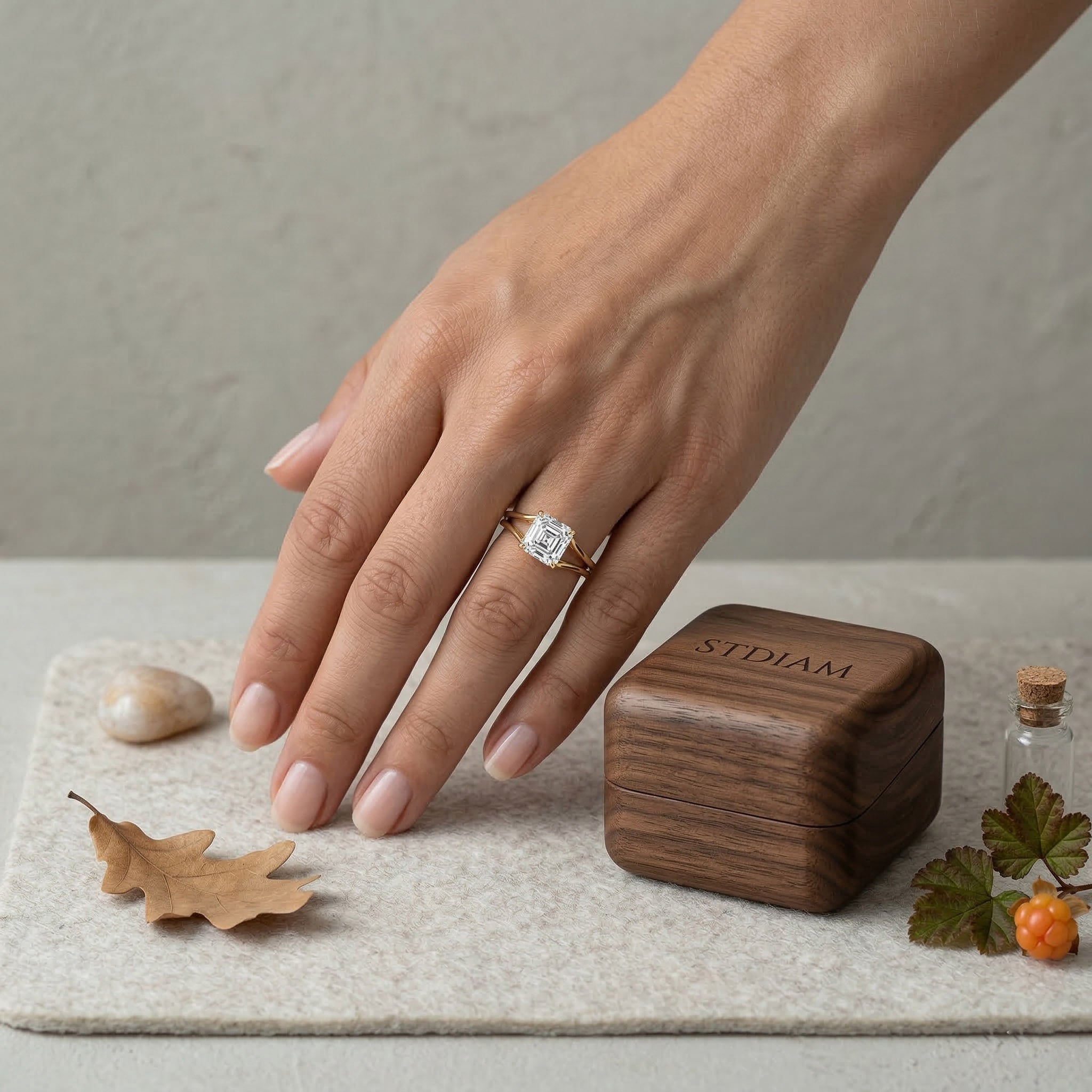 Hand wearing gold moissanite engagement ring beside wooden jewelry box on neutral background.