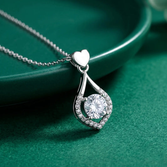 Heart Accent Pear Halo Moissanite Necklace
