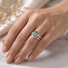 Virelora Oval Moss Agate Leaf-Inspired Ring Set