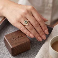 Celandrisse Marquise Moss Agate Botanical Crown Ring Set