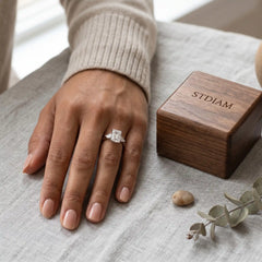Opera Three Stone Emerald Moissanite Ring