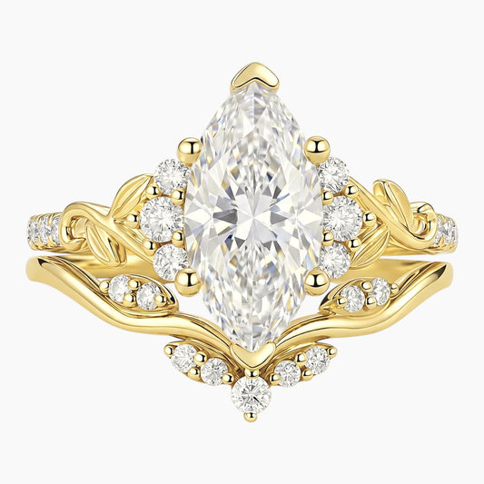 Golden Laurel Marquise Cut Moissanite Vintage Floral Bridal Set