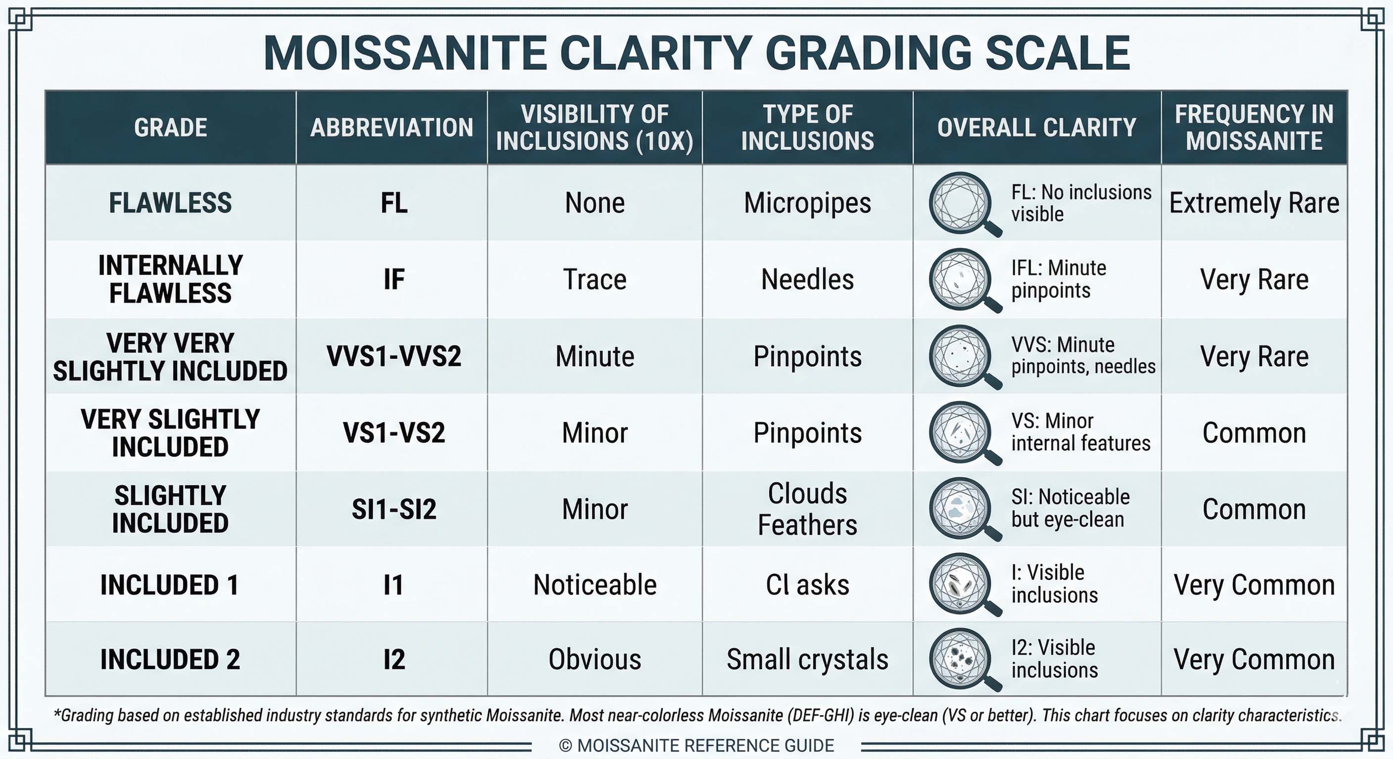 Moissanite clarity grading scale chart with grades, inclusions, and frequency details.