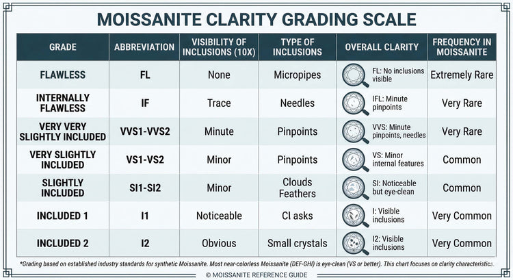 Moissanite clarity grading scale chart with grades, inclusions, and frequency details.