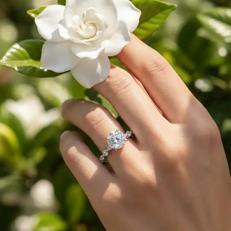 Hand wearing a sparkling moissanite engagement ring with floral accents outdoors