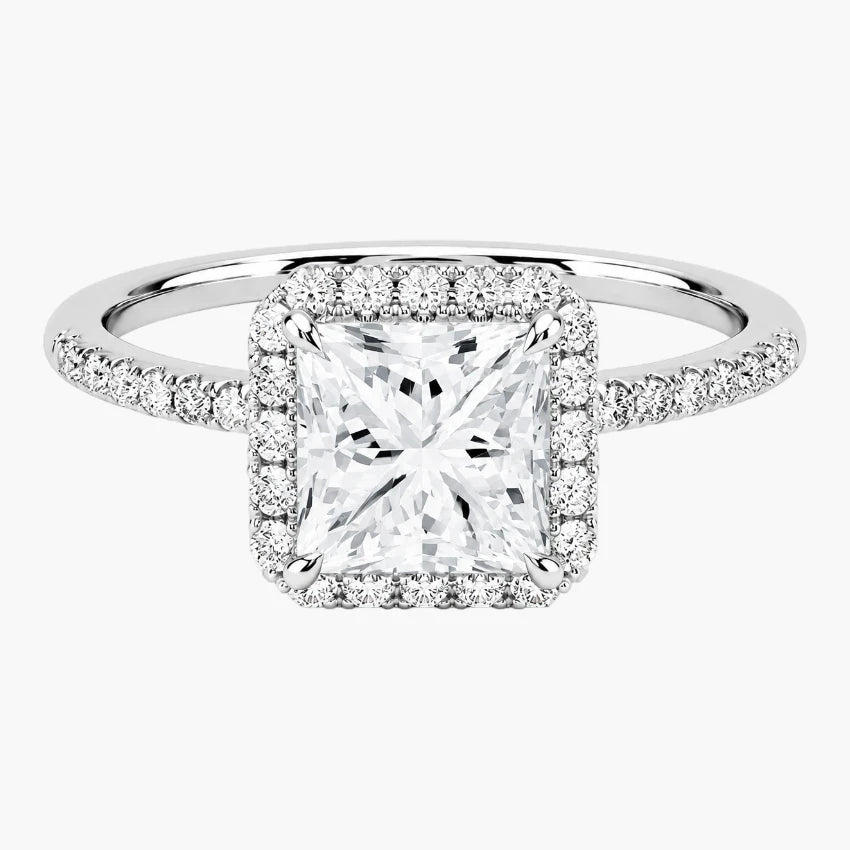 Modern Princess Cut Moissanite Halo Engagement Ring with Brilliant Pave Band