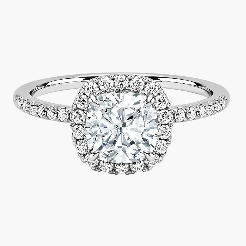 Elegant Cushion Cut Moissanite Engagement Ring with Delicate Pave Hidden Halo